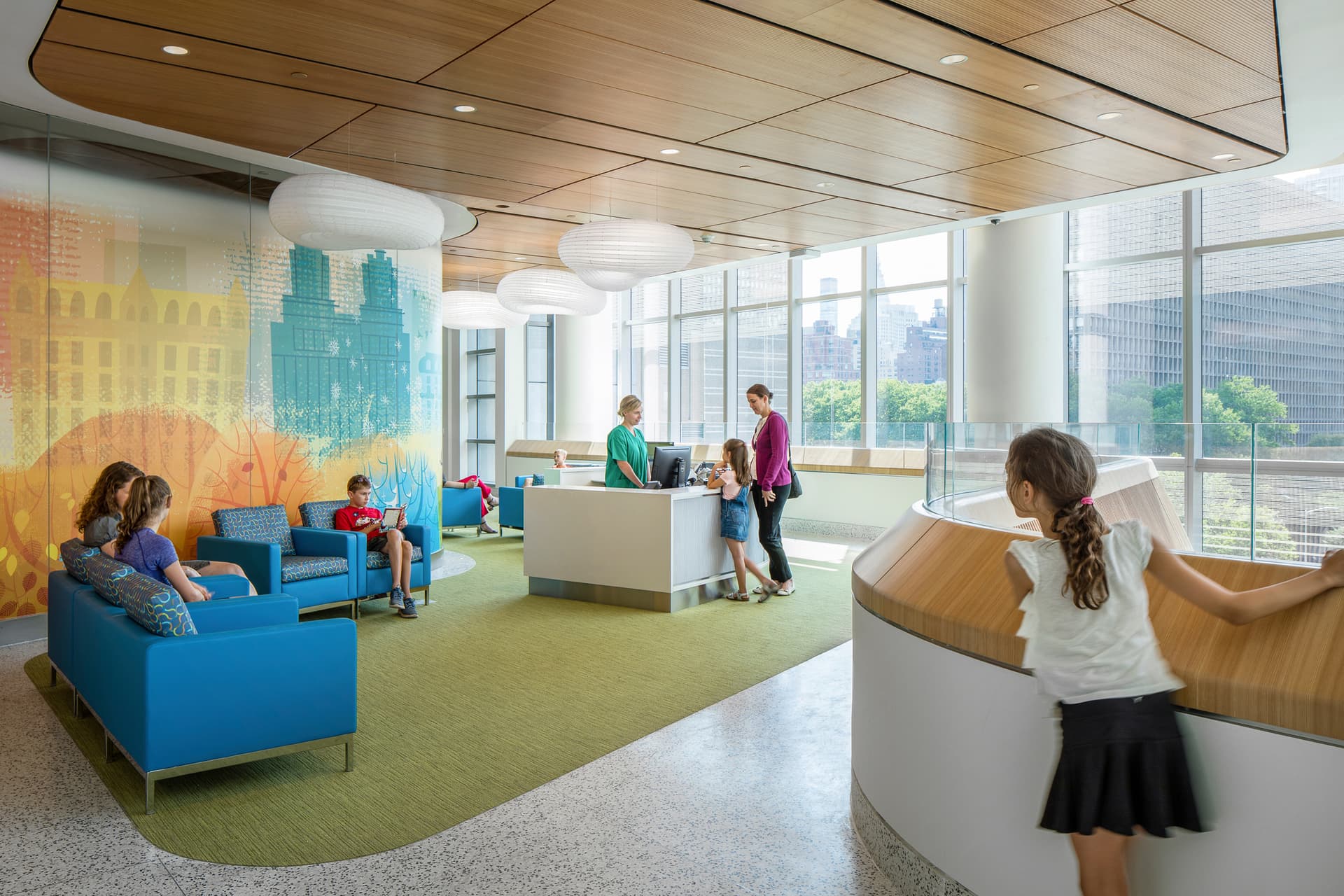 4th floor, Kimmel Pavilion, NYC, NYU, New York, Pediatric Waiting, check-in, healthcare, hospital, lobby, pediatric, reception desk