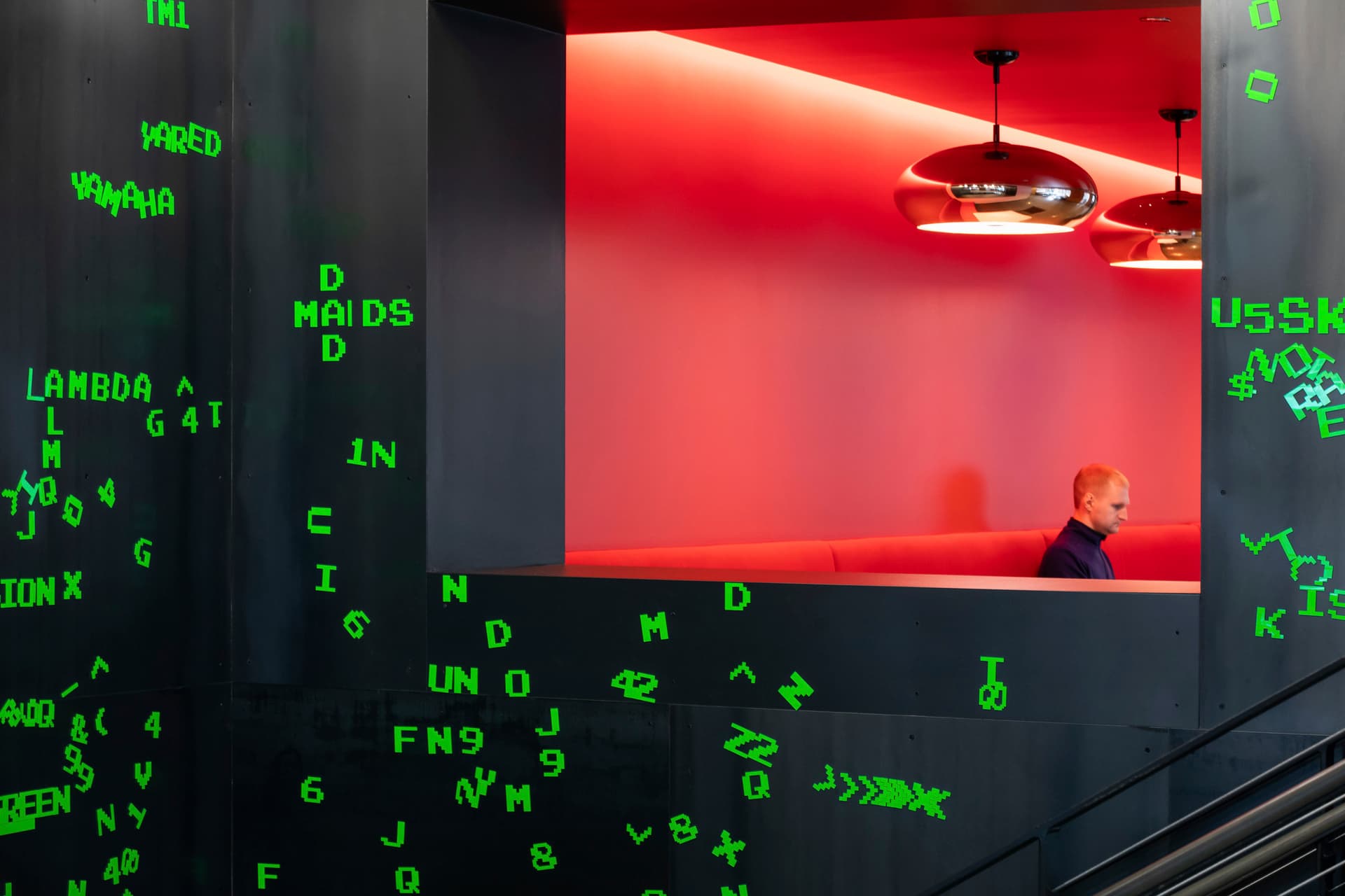 Amazon, Amazon in the Regrade, COE, Center of Energy, NBBJ, Re:Invent, Seattle, WA, dining, magnetic wall, red, stairwell, magnetic word wall